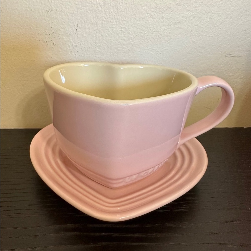 Le Creuset pink heart mug with saucer